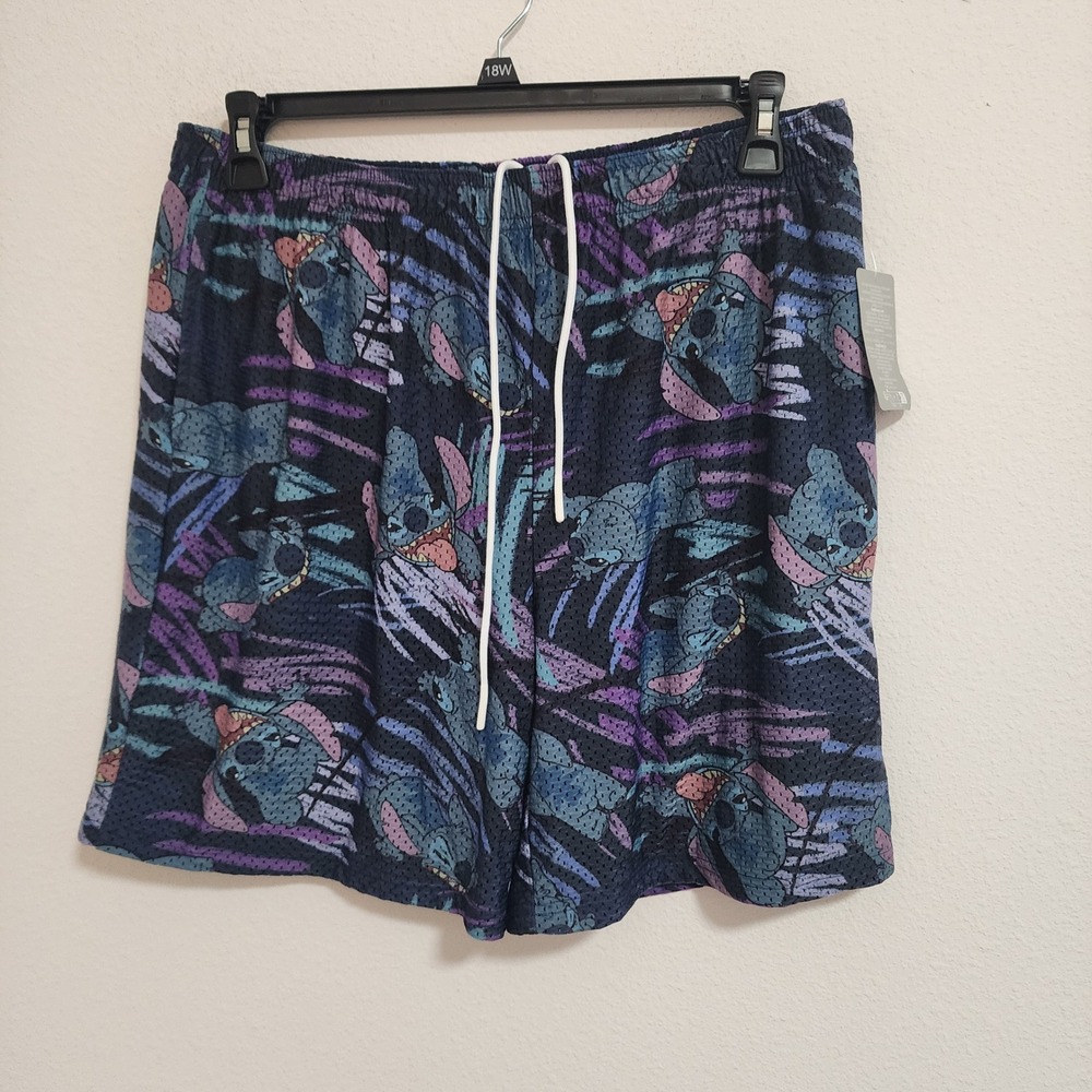 Disney Stitch Mesh‎ Athletic Shorts Tropical Print Elastic Waist Drawstring